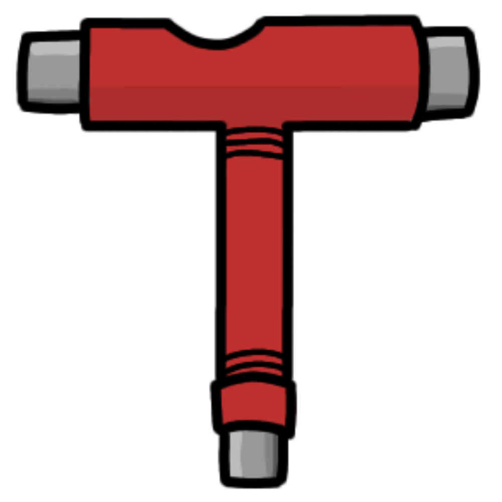  A T shaped metal tool used for skates and skateboards with a red plastic handle